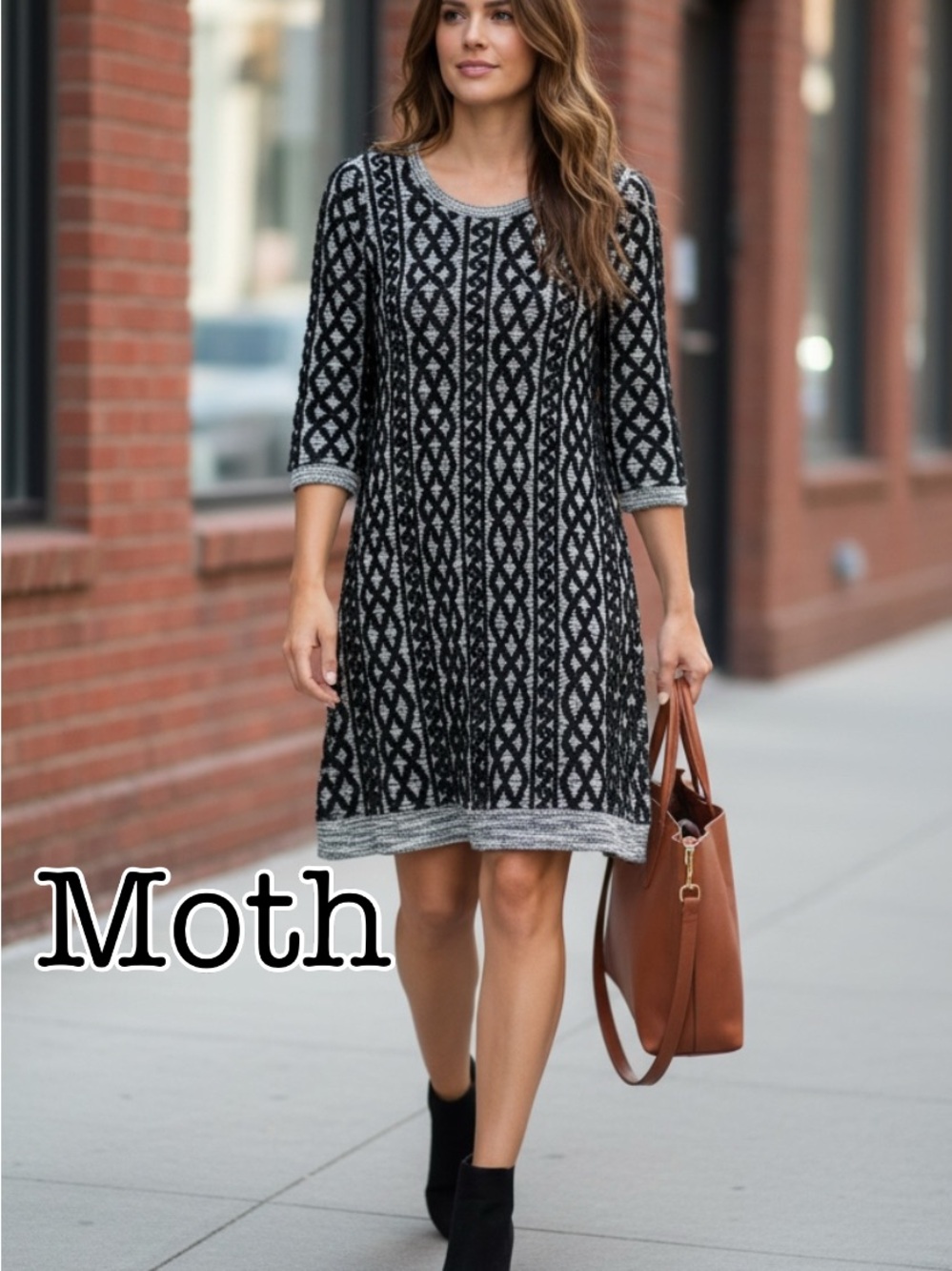 New Anthropologie Moth Black & Gray Patterned Knit Dress Size Small
